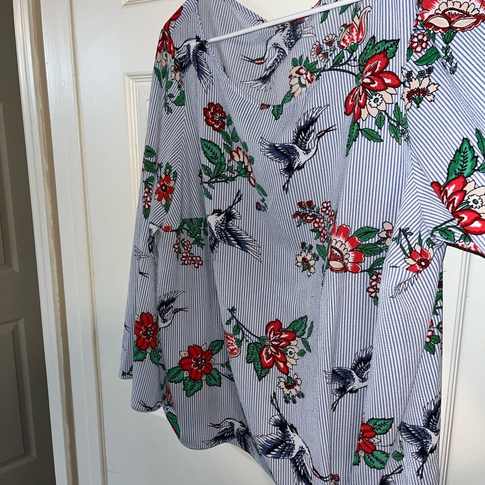 Floral Crane Striped Blouse Sz 2X - Picture 6 of 8